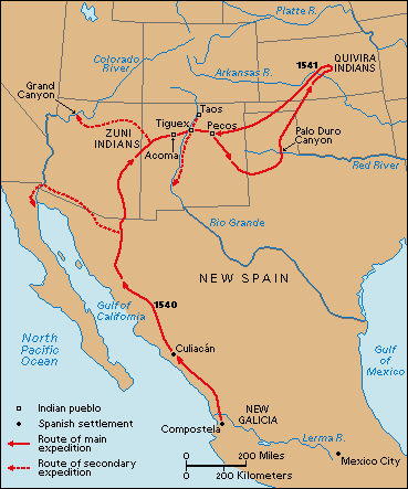 Map of the explorations of Francisco Vasquez de Coronado in the American 